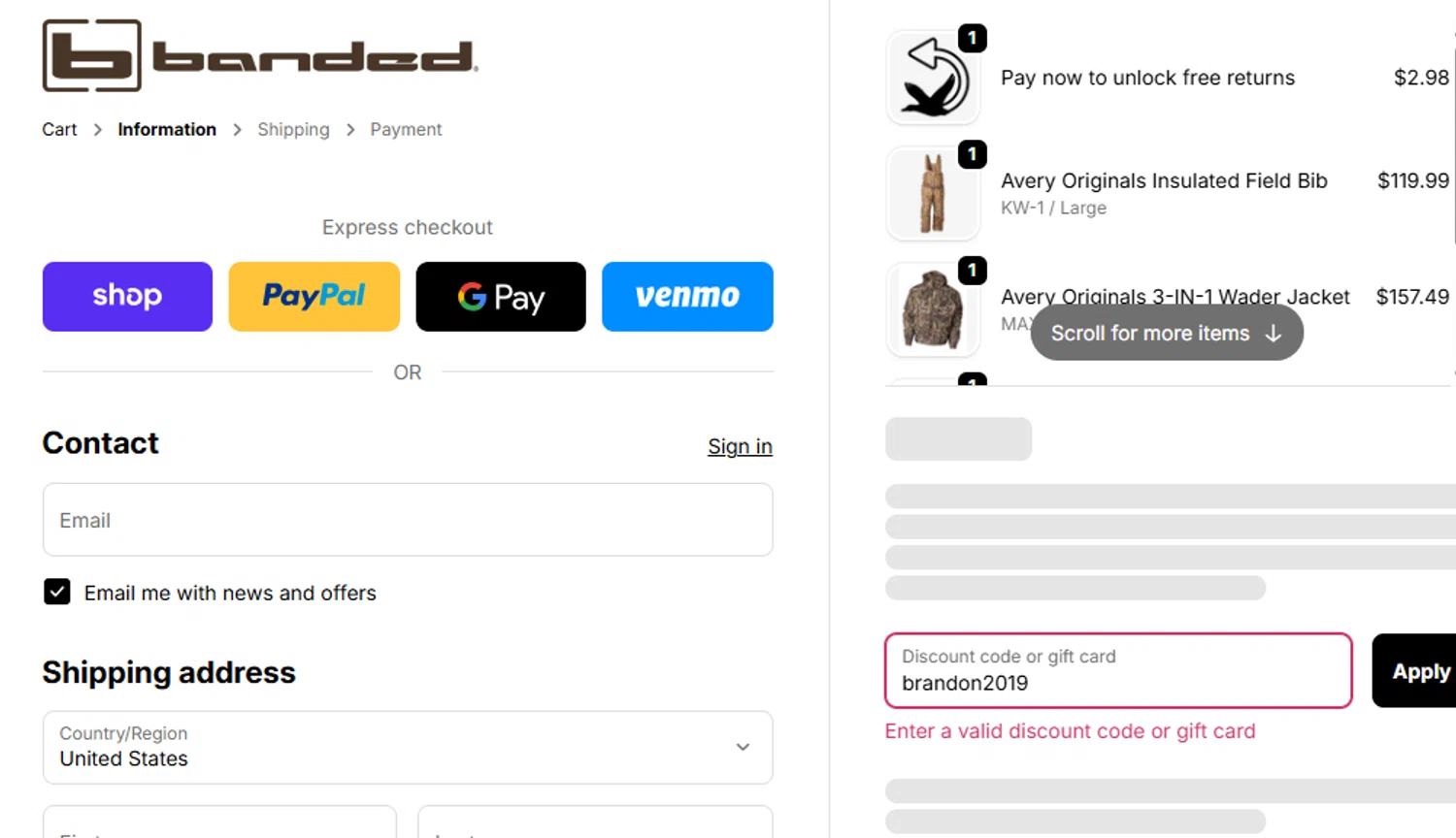 Banded Hunting Gear promo code screenshot showing code brandon2019 applied at Banded Hunting Gear checkout page. Uploaded by SimplyCodes community member CleverLynx5188 on Nov 19, 2025