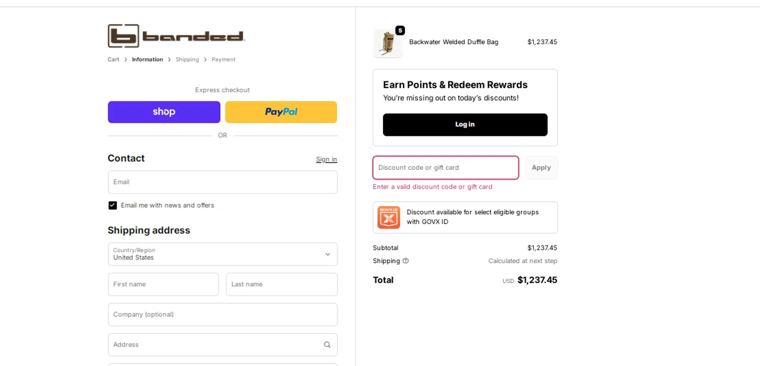 Banded Hunting Gear promo code screenshot showing code brandon2019 applied at Banded Hunting Gear checkout page. Uploaded by SimplyCodes community member obito1234 on Nov 19, 2025