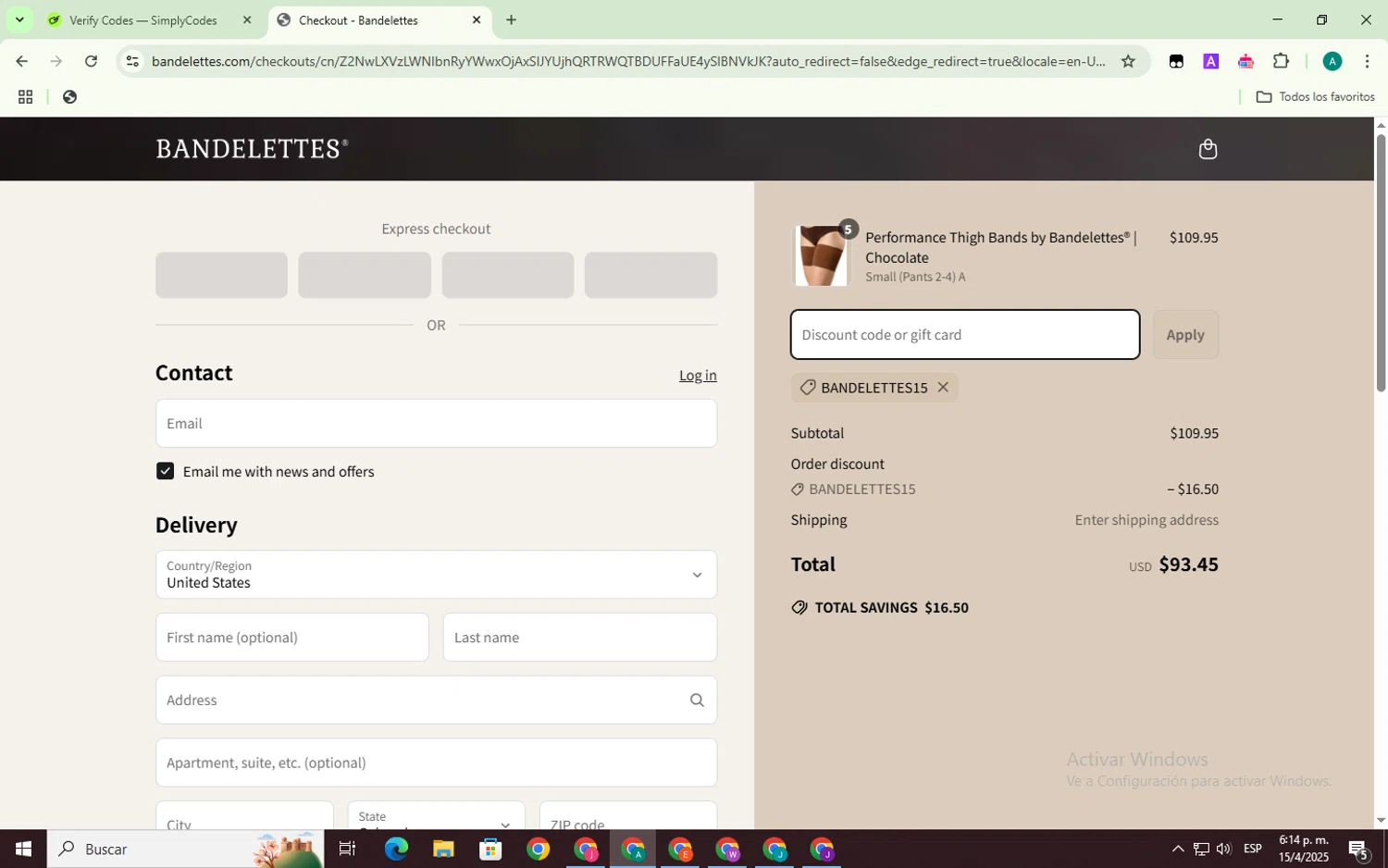 Bandelettes promo code screenshot showing code BANDELETTES15 applied at Bandelettes checkout page. Uploaded by SimplyCodes community member ThriftyMaverick3223 on Apr 15, 2025