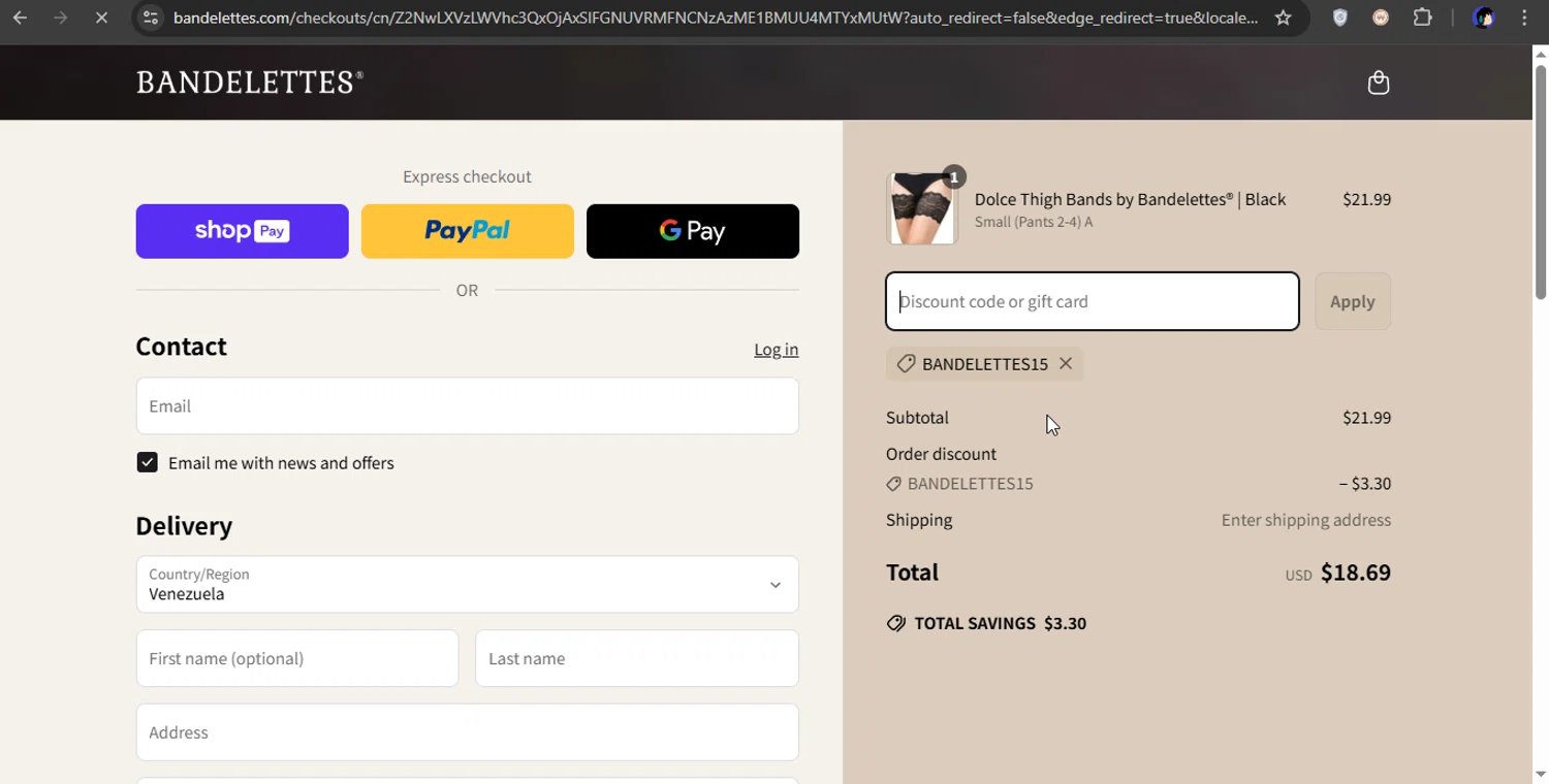 Bandelettes promo code screenshot showing code BANDELETTES15 applied at Bandelettes checkout page. Uploaded by SimplyCodes community member xXSATOXx on Mar 28, 2025