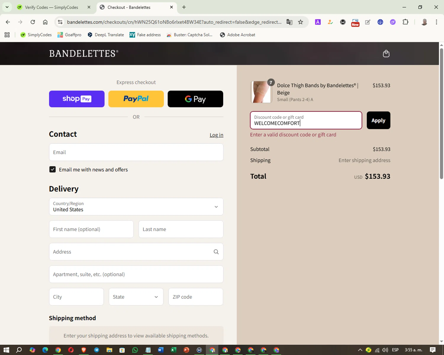 Bandelettes promo code screenshot showing code WELCOMECOMFORT applied at Bandelettes checkout page. Uploaded by SimplyCodes community member Gutfig04 on Aug 22, 2025