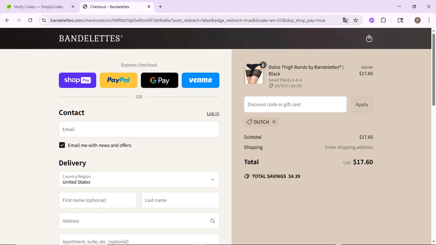 Bandelettes promo code screenshot showing code DUTCH applied at Bandelettes checkout page. Uploaded by SimplyCodes community member CashLion2660 on Jun 25, 2025