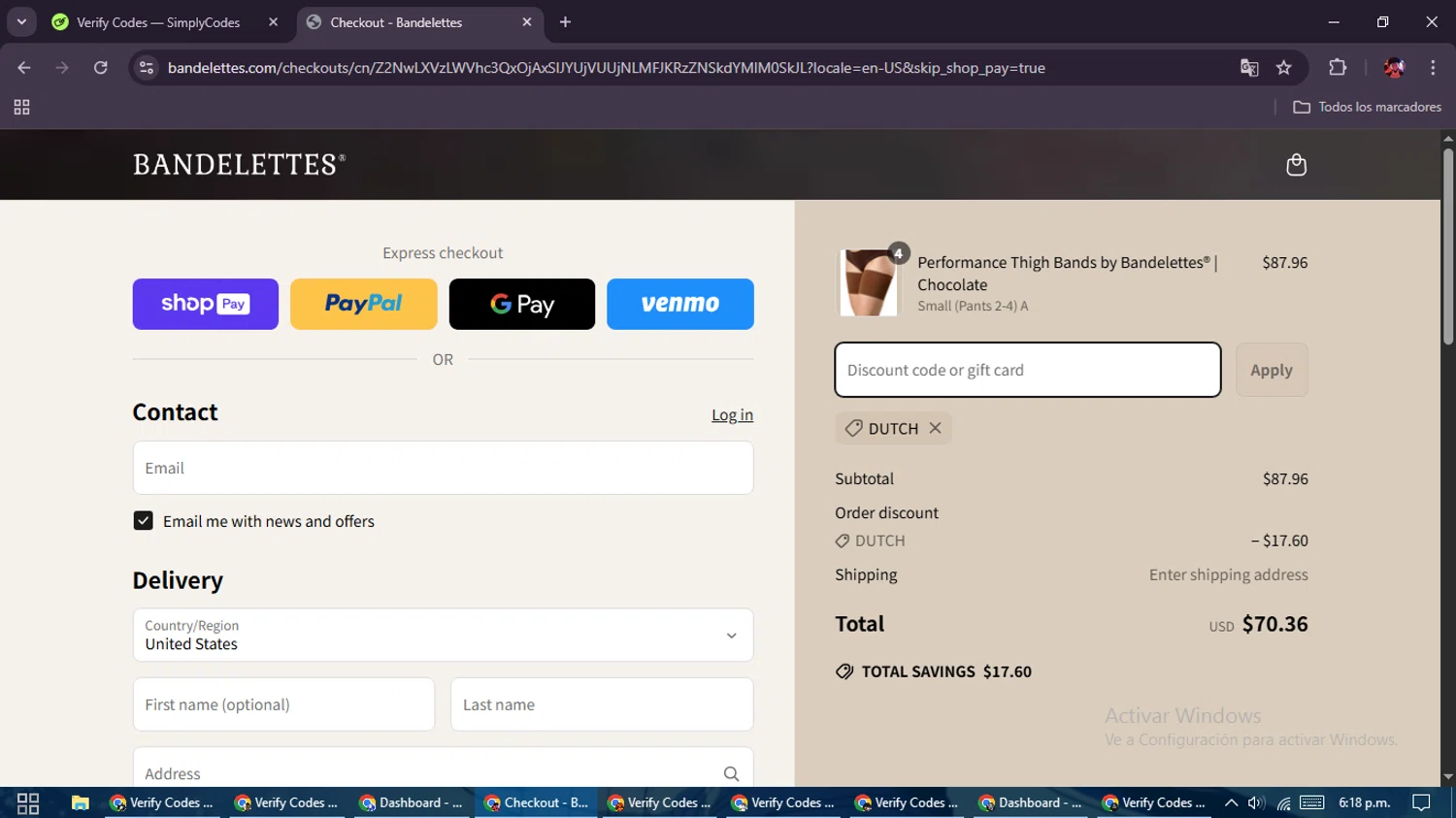 Bandelettes promo code screenshot showing code DUTCH applied at Bandelettes checkout page. Uploaded by SimplyCodes community member SavingsEagle5772 on Apr 15, 2025