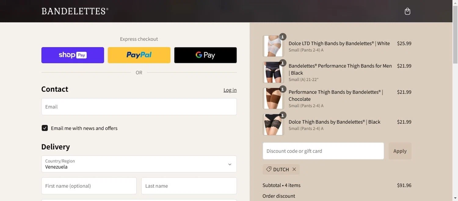 Bandelettes promo code screenshot showing code DUTCH applied at Bandelettes checkout page. Uploaded by SimplyCodes community member EpicVirtuoso478 on Dec 29, 2024