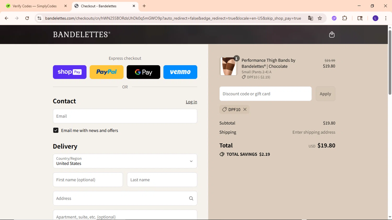 Bandelettes promo code screenshot showing code DPF10 applied at Bandelettes checkout page. Uploaded by SimplyCodes community member EpicWarden3081 on Aug 22, 2025