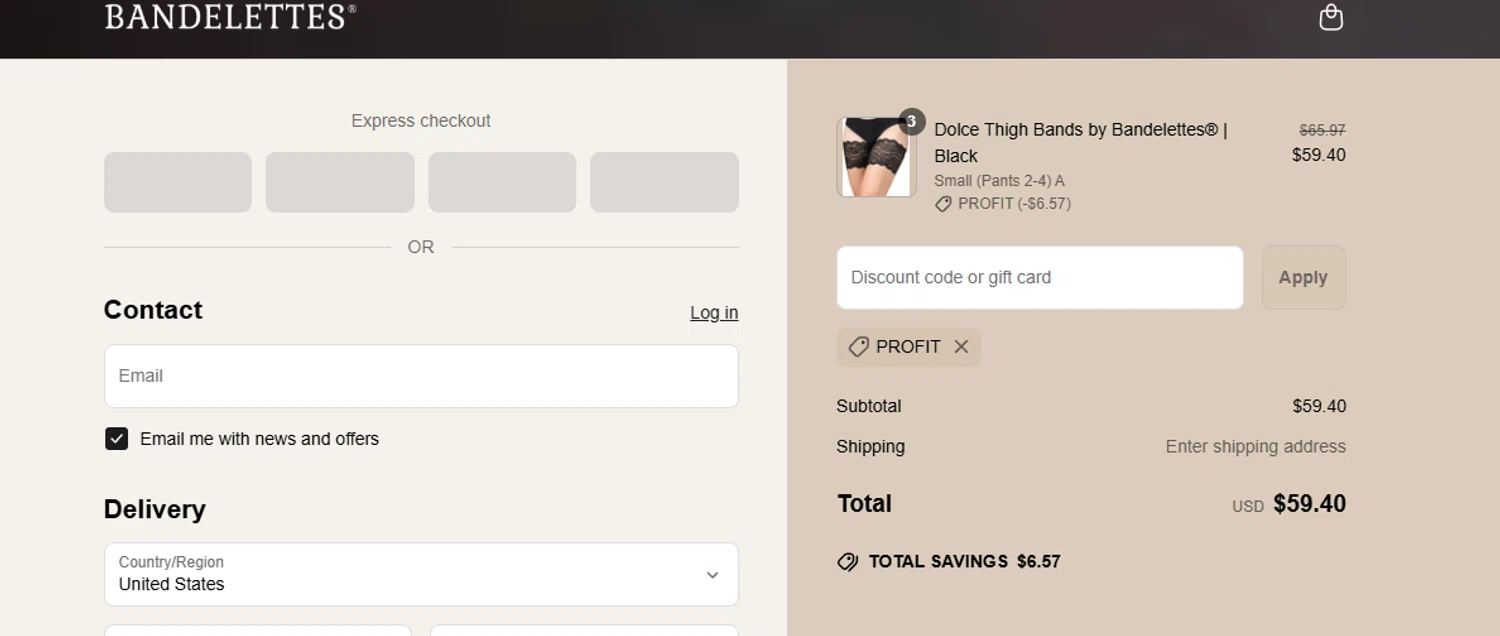 Bandelettes promo code screenshot showing code PROFIT applied at Bandelettes checkout page. Uploaded by SimplyCodes community member guest_bb10a5c588acd25d1b25e6aa32bc632a on Jun 25, 2025