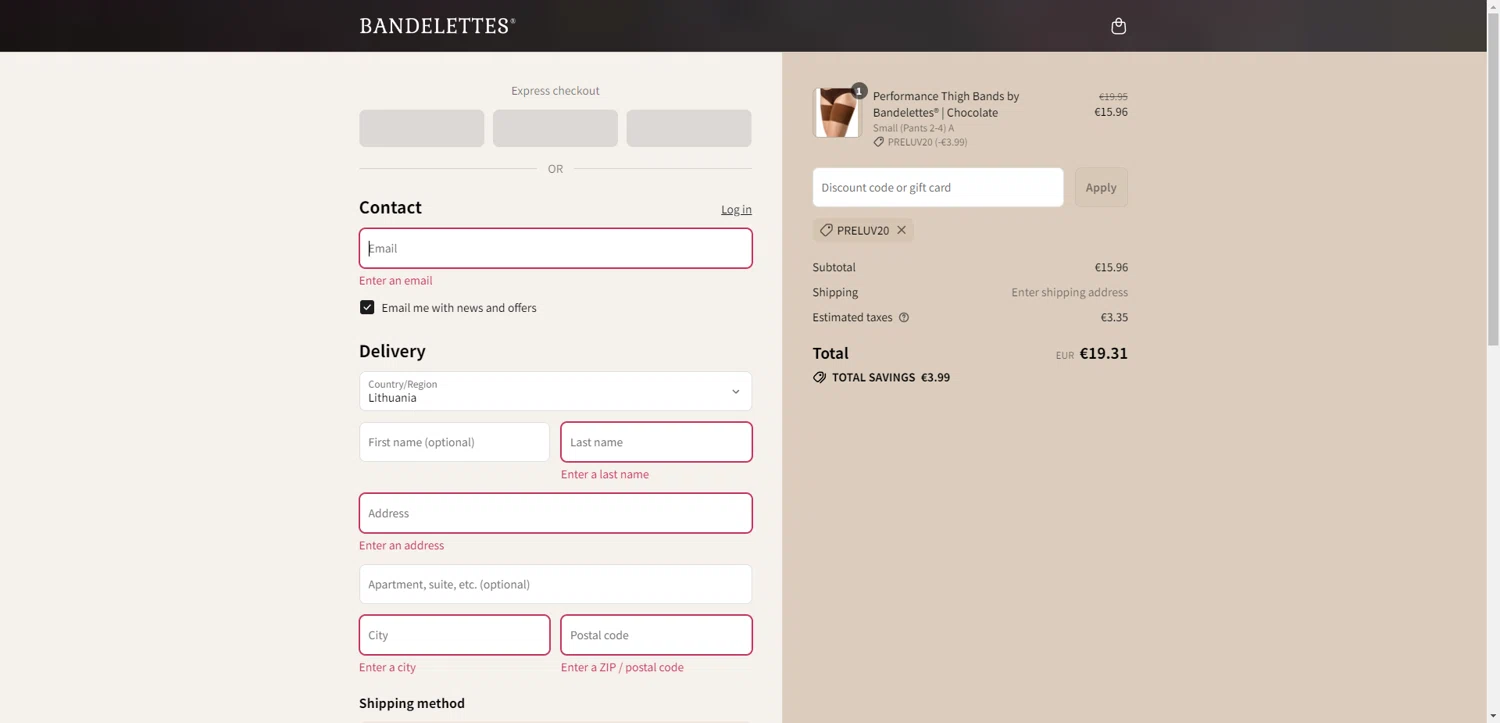 Bandelettes promo code screenshot showing code PRELUV20 applied at Bandelettes checkout page. Uploaded by SimplyCodes community member PromoAdmiral6652 on Aug 16, 2025