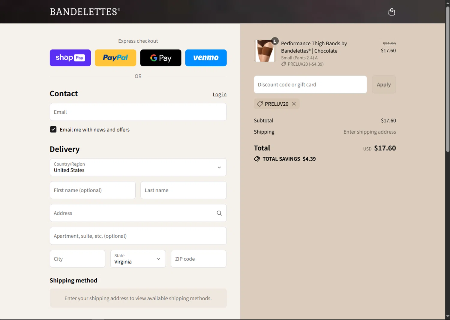Bandelettes promo code screenshot showing code PRELUV20 applied at Bandelettes checkout page. Uploaded by SimplyCodes community member VoucherFinder3467 on Jul 25, 2025