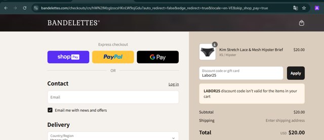 Bandelettes checkout page showing Bandelettes promo code box | Screenshot taken by SimplyCodes community member on Aug 27, 2025