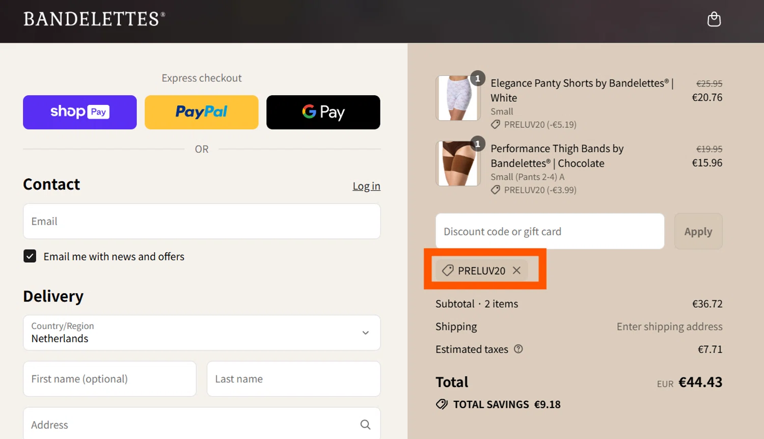 Bandelettes promo code screenshot showing code PRELUV20 applied at Bandelettes checkout page. Uploaded by SimplyCodes community member CleverSentinel4477 on Jul 25, 2025