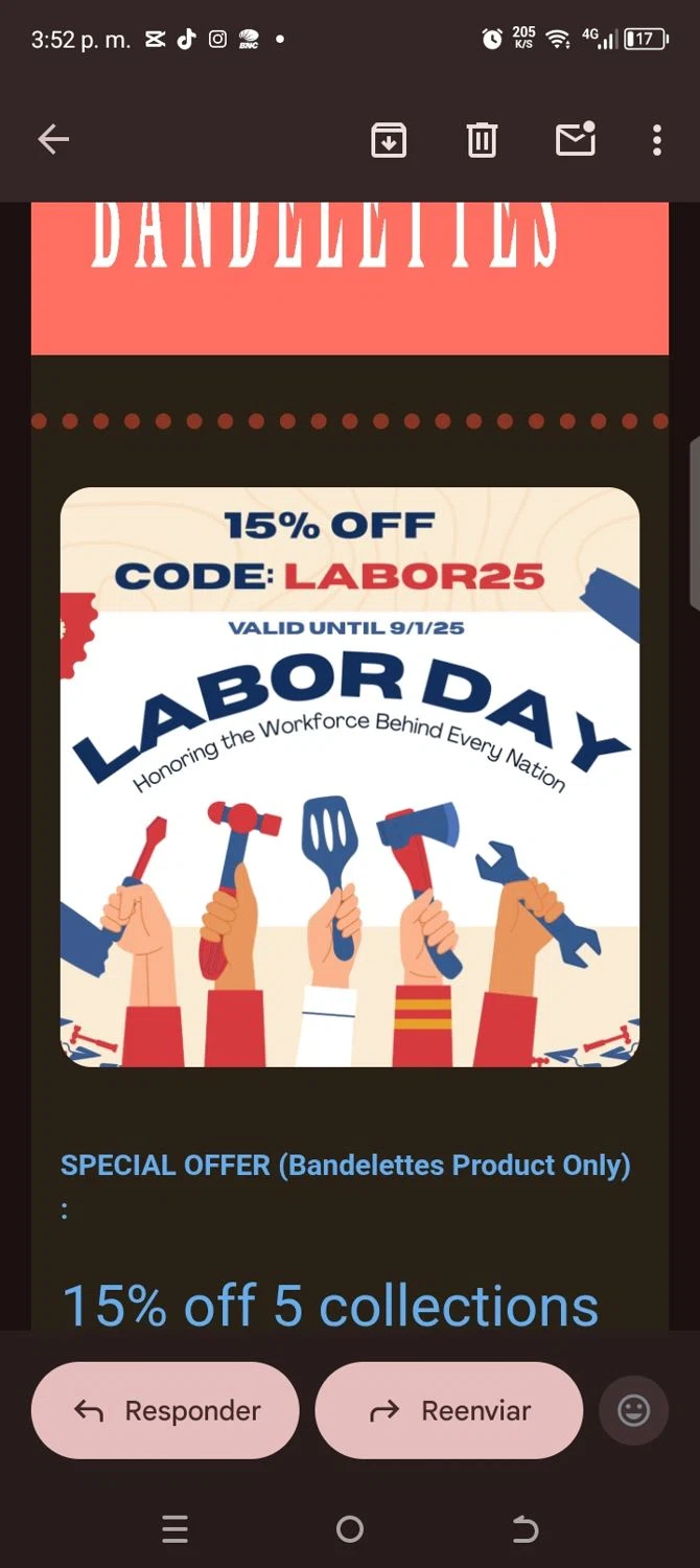 Bandelettes promo code screenshot showing code Labor25 applied at Bandelettes checkout page. Uploaded by SimplyCodes community member kellymoreno on Aug 27, 2025