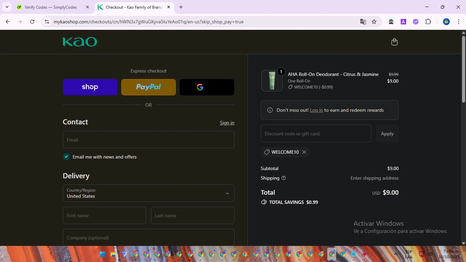 Ban Deodorant promo code screenshot showing code WELCOME10 applied at Ban Deodorant checkout page. Uploaded by SimplyCodes community member SwiftWarden6832 on Oct 10, 2025