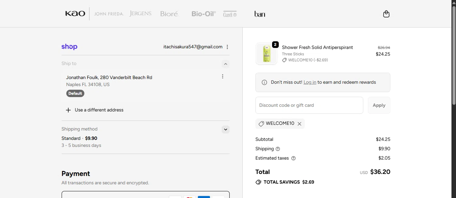Ban Deodorant promo code screenshot showing code WELCOME10 applied at Ban Deodorant checkout page. Uploaded by SimplyCodes community member noworries on Dec 15, 2025