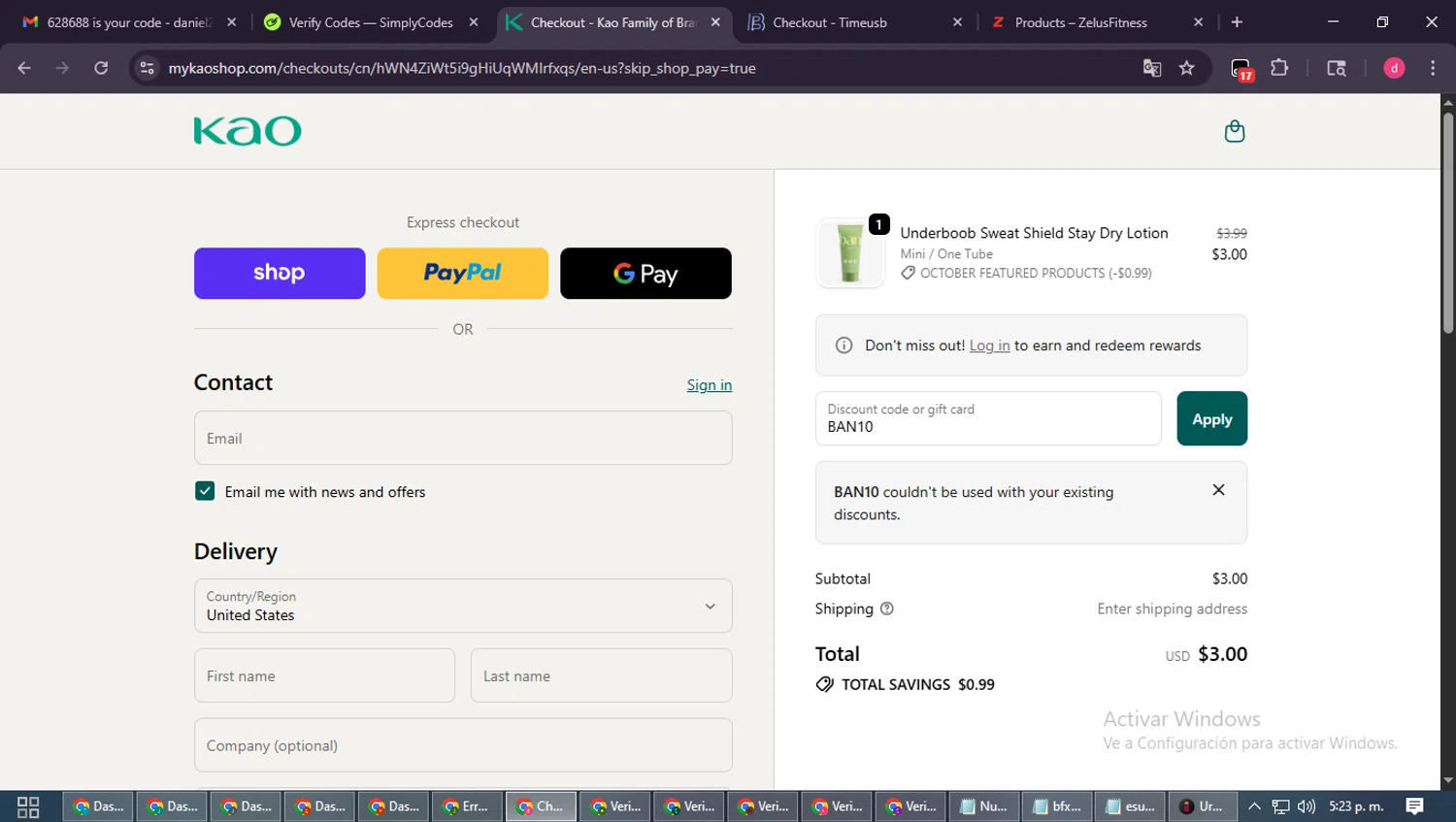 Ban Deodorant promo code screenshot showing code BAN10 applied at Ban Deodorant checkout page. Uploaded by SimplyCodes community member MagnificentSpotter4236 on Oct 26, 2025