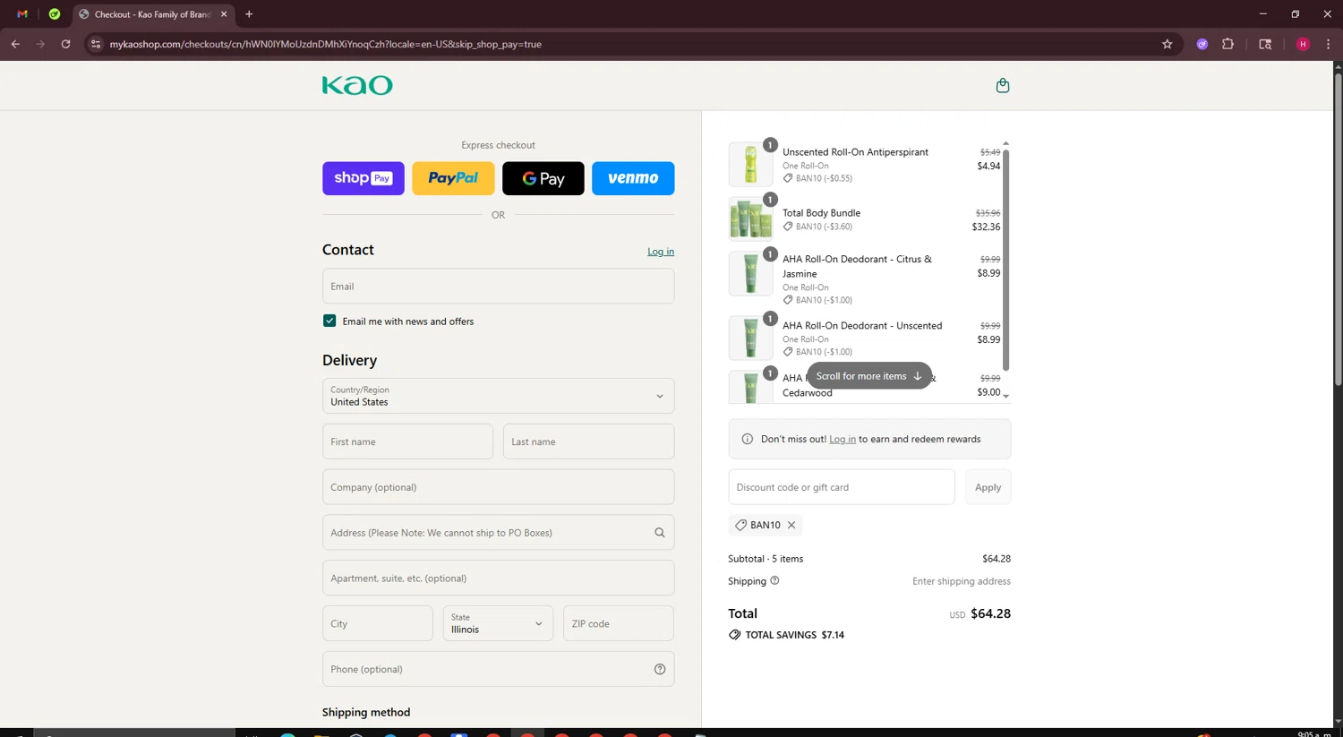 Ban Deodorant promo code screenshot showing code BAN10 applied at Ban Deodorant checkout page. Uploaded by SimplyCodes community member RewardWarden8289 on Jul 18, 2025