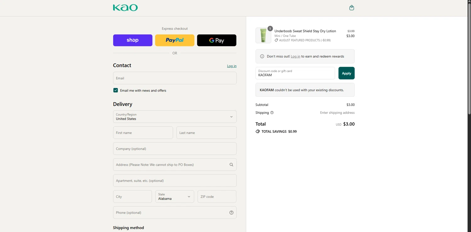 Ban Deodorant promo code screenshot showing code KAOFAM applied at Ban Deodorant checkout page. Uploaded by SimplyCodes community member BrilliantGenius7871 on Aug 30, 2025