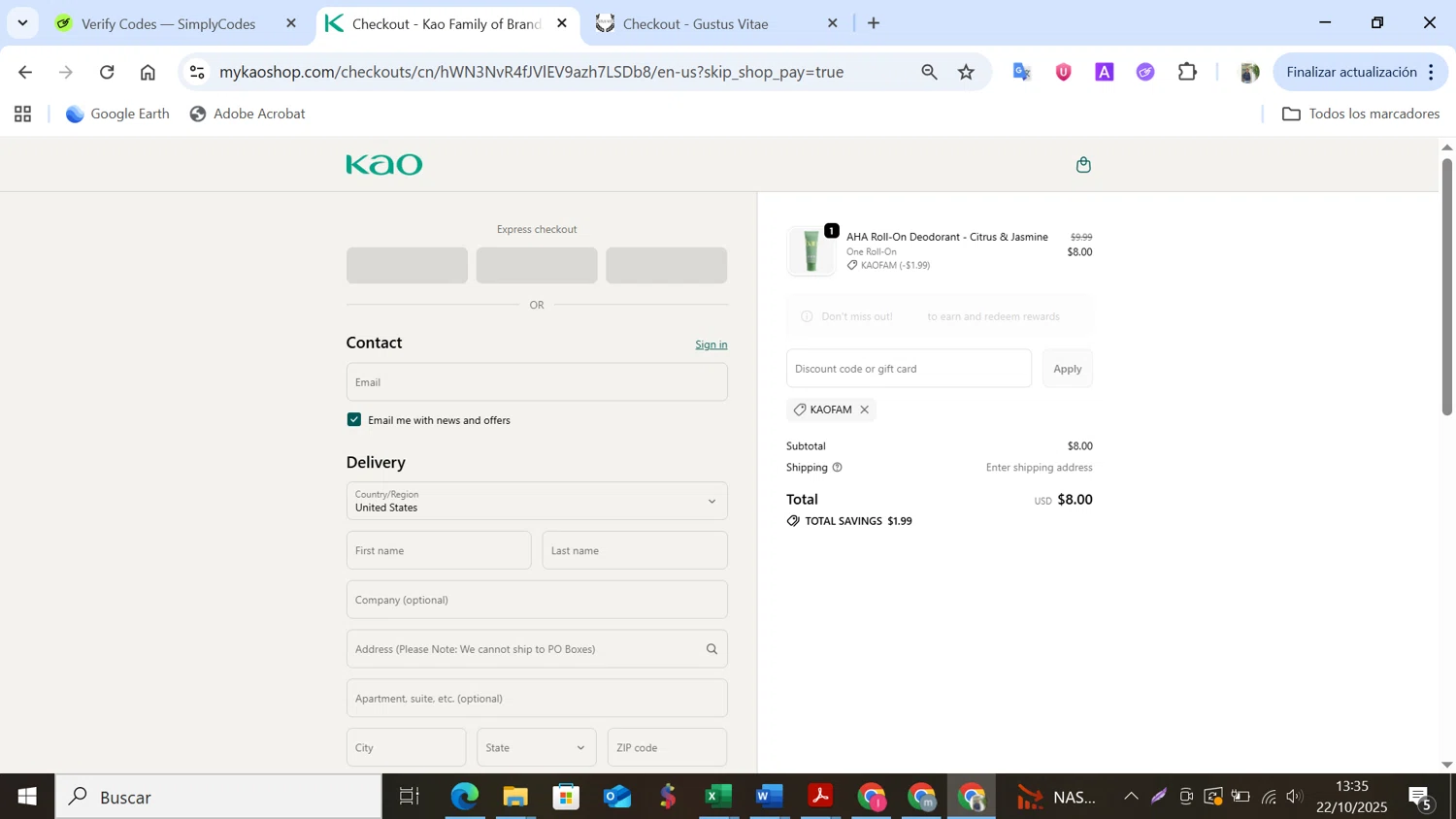 Ban Deodorant promo code screenshot showing code KAOFAM applied at Ban Deodorant checkout page. Uploaded by SimplyCodes community member NobleMonarch5837 on Oct 22, 2025
