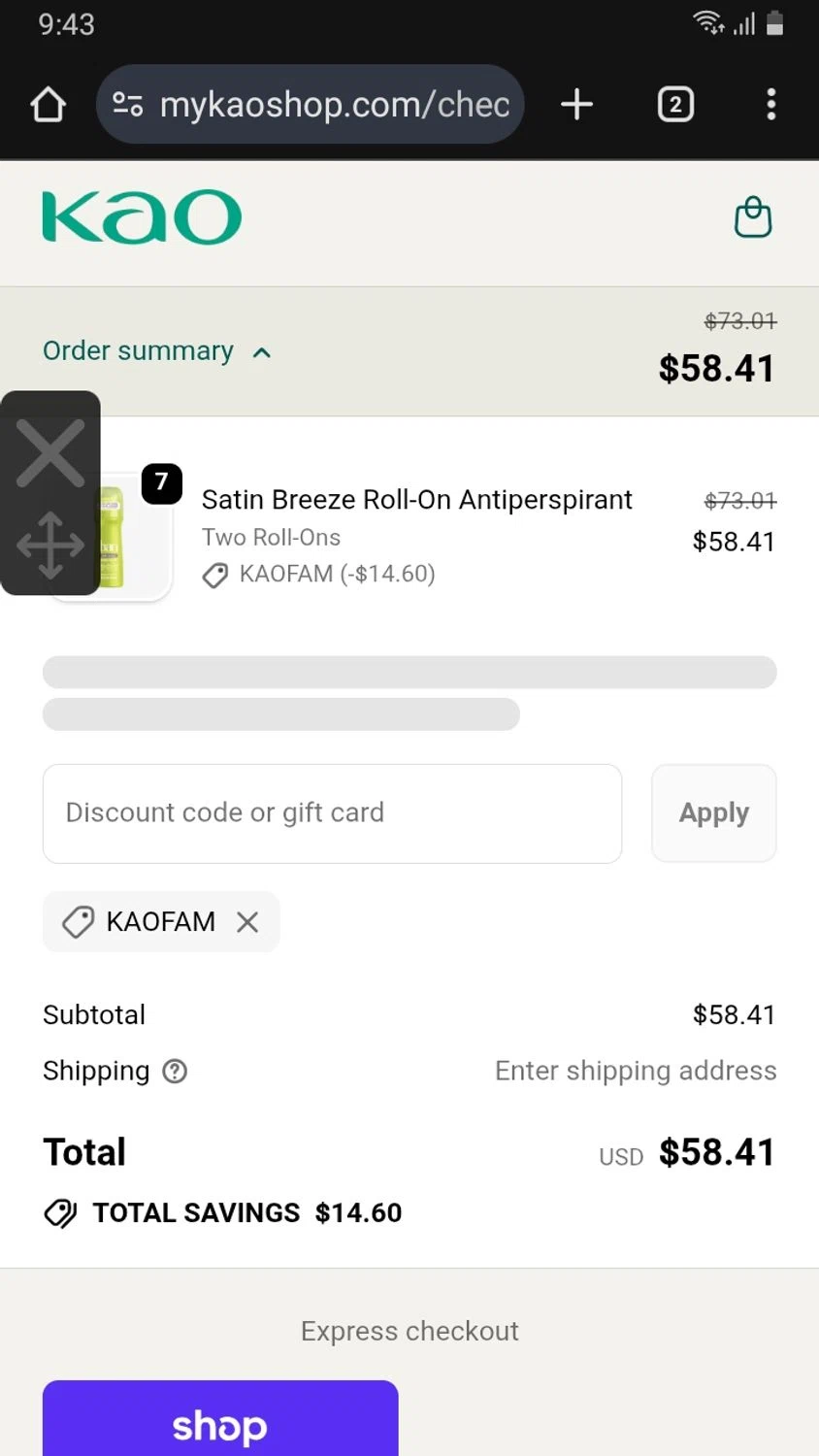 Ban Deodorant promo code screenshot showing code KAOFAM applied at Ban Deodorant checkout page. Uploaded by SimplyCodes community member Rafita on Oct 22, 2025