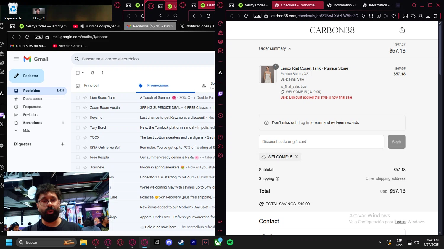 Bandier promo code screenshot showing code WELCOME15 applied at Bandier checkout page. Uploaded by SimplyCodes community member Handivlak on Apr 27, 2025