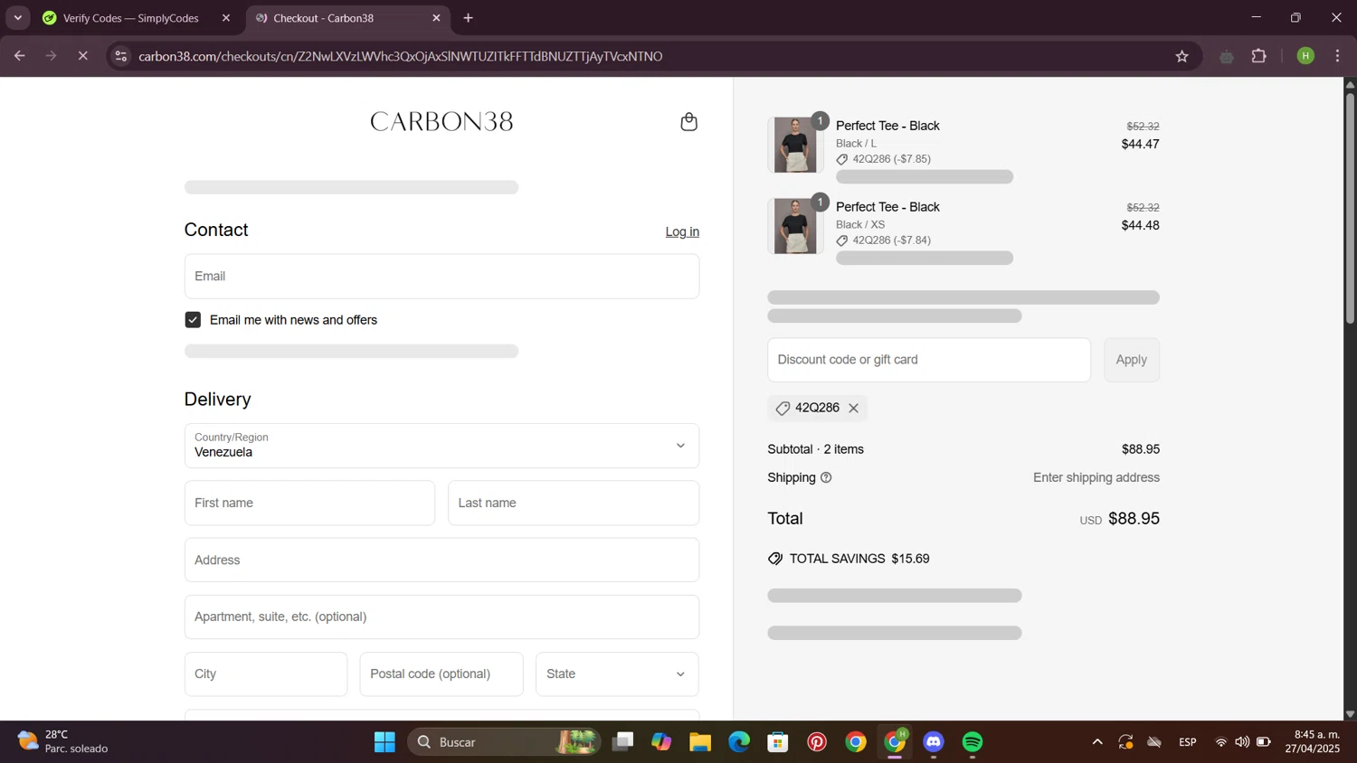 Bandier promo code screenshot showing code 42Q286 applied at Bandier checkout page. Uploaded by SimplyCodes community member BudgetFalcon2689 on Apr 27, 2025