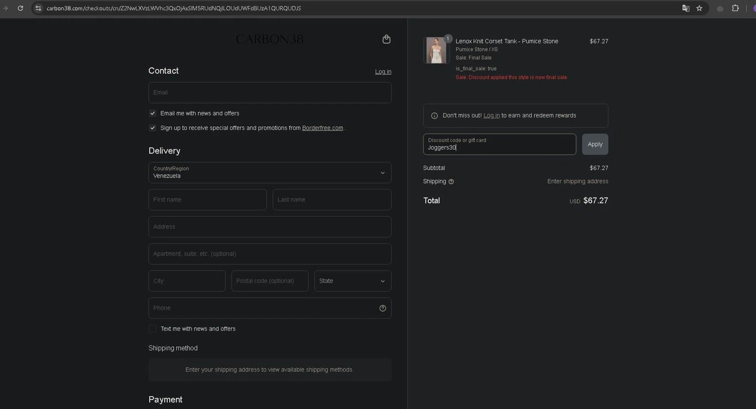 Bandier promo code screenshot showing code Joggers30 applied at Bandier checkout page. Uploaded by SimplyCodes community member ThriftyFalcon6527 on Apr 20, 2025