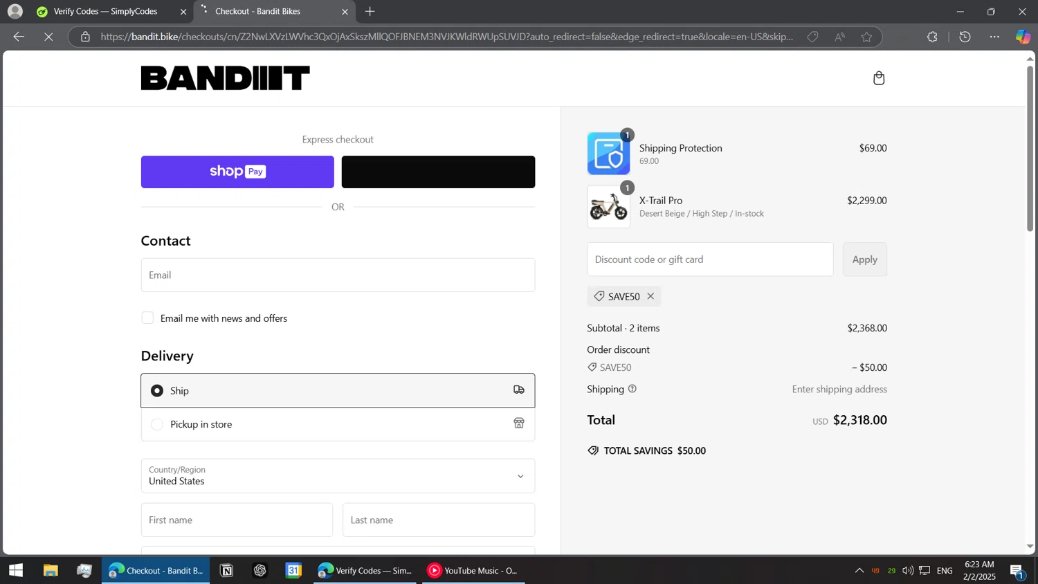 Bandit Bikes promo code screenshot showing code SAVE50 applied at Bandit Bikes checkout page. Uploaded by SimplyCodes community member BorgeZzz on Feb 2, 2025