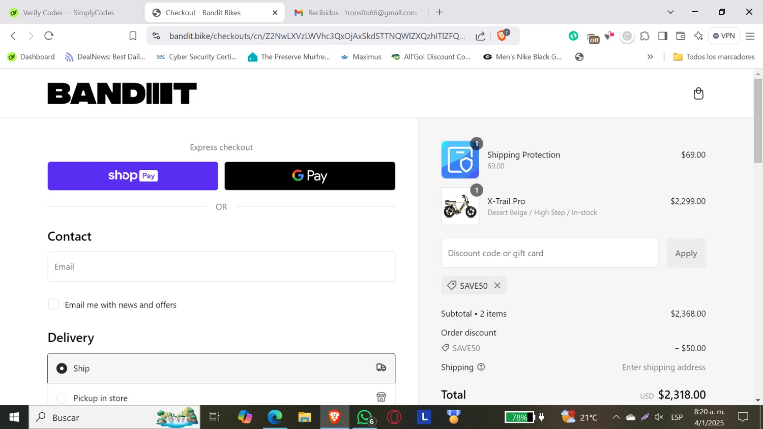 Bandit Bikes promo code screenshot showing code SAVE50 applied at Bandit Bikes checkout page. Uploaded by SimplyCodes community member DORIANGEL on Jan 4, 2025