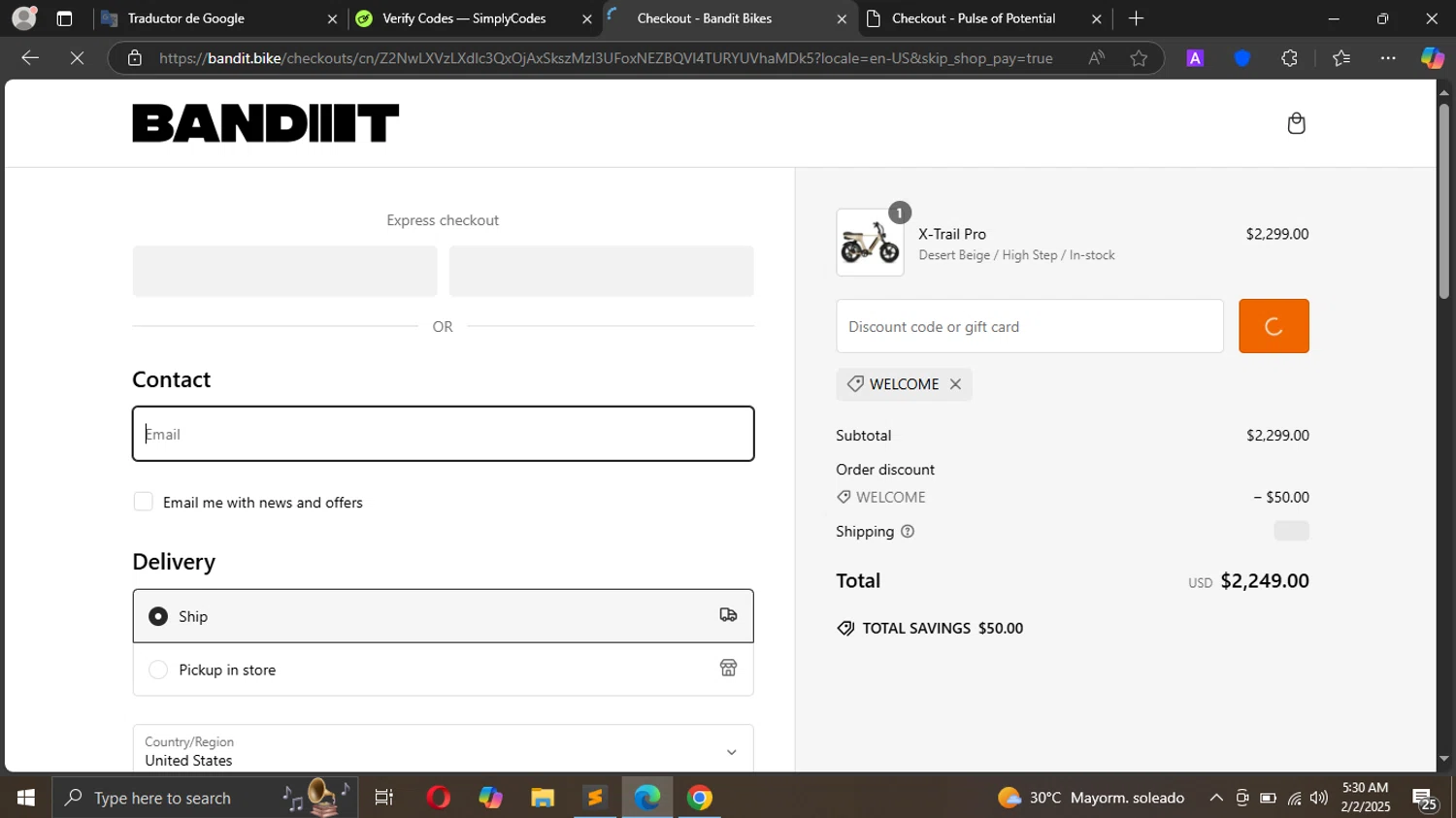 Bandit Bikes promo code screenshot showing code WELCOME applied at Bandit Bikes checkout page. Uploaded by SimplyCodes community member Metal02Truck on Feb 2, 2025