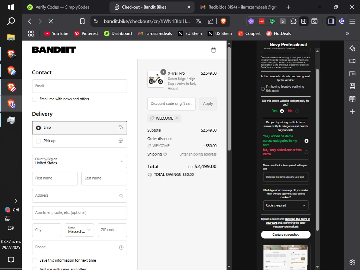 Bandit Bikes promo code screenshot showing code WELCOME applied at Bandit Bikes checkout page. Uploaded by SimplyCodes community member ilarrazaM4 on Jul 29, 2025
