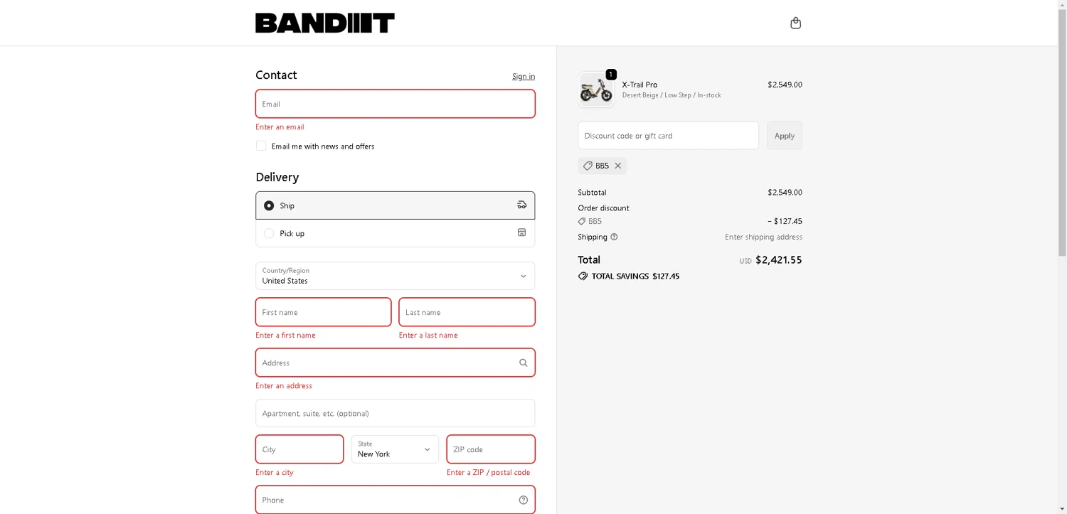 Bandit Bikes promo code screenshot showing code bb5 applied at Bandit Bikes checkout page. Uploaded by SimplyCodes community member VoucherHero1009 on Oct 24, 2025