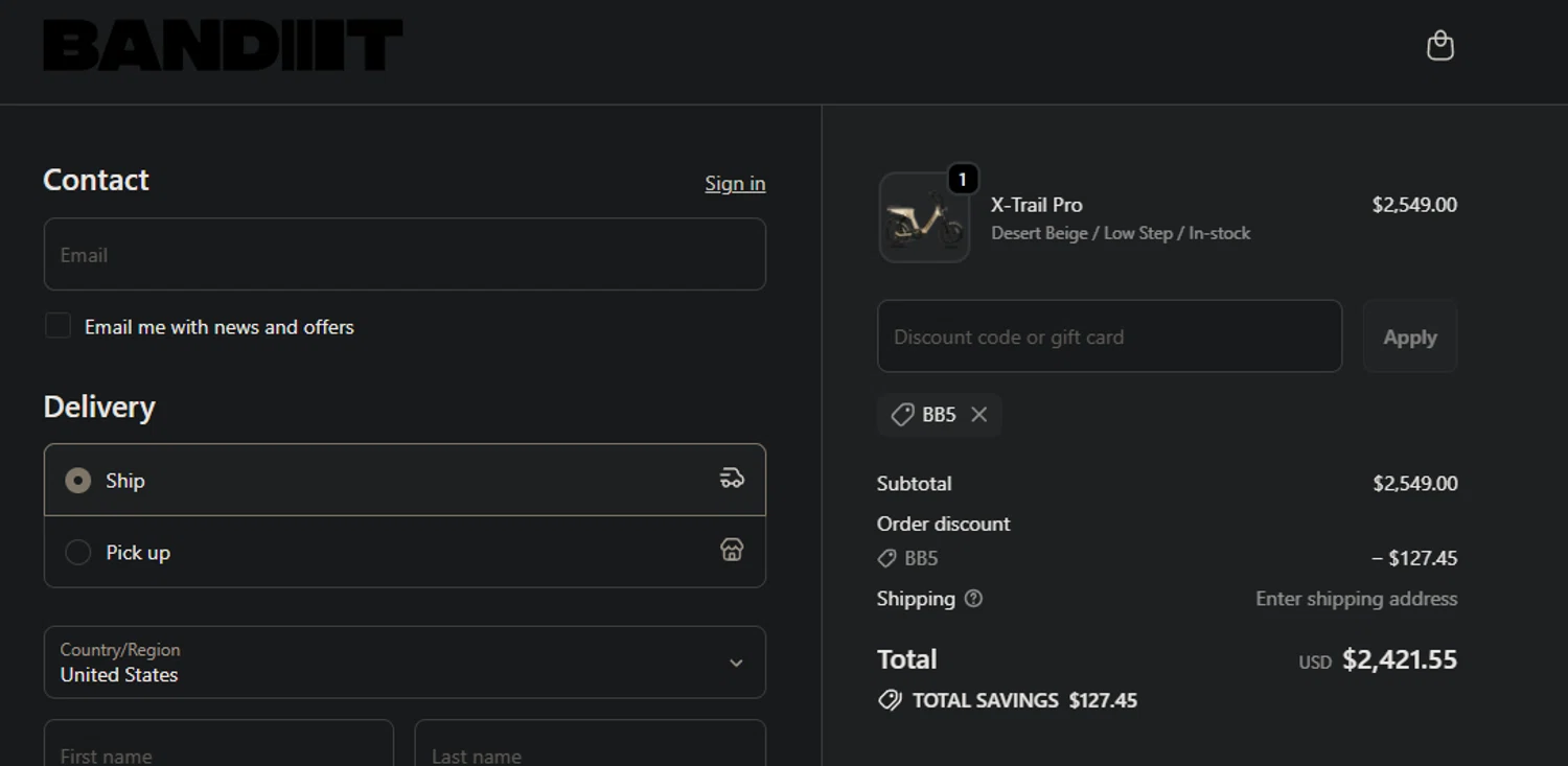 Bandit Bikes promo code screenshot showing code bb5 applied at Bandit Bikes checkout page. Uploaded by SimplyCodes community member jaimitoalcachofa on Oct 20, 2025