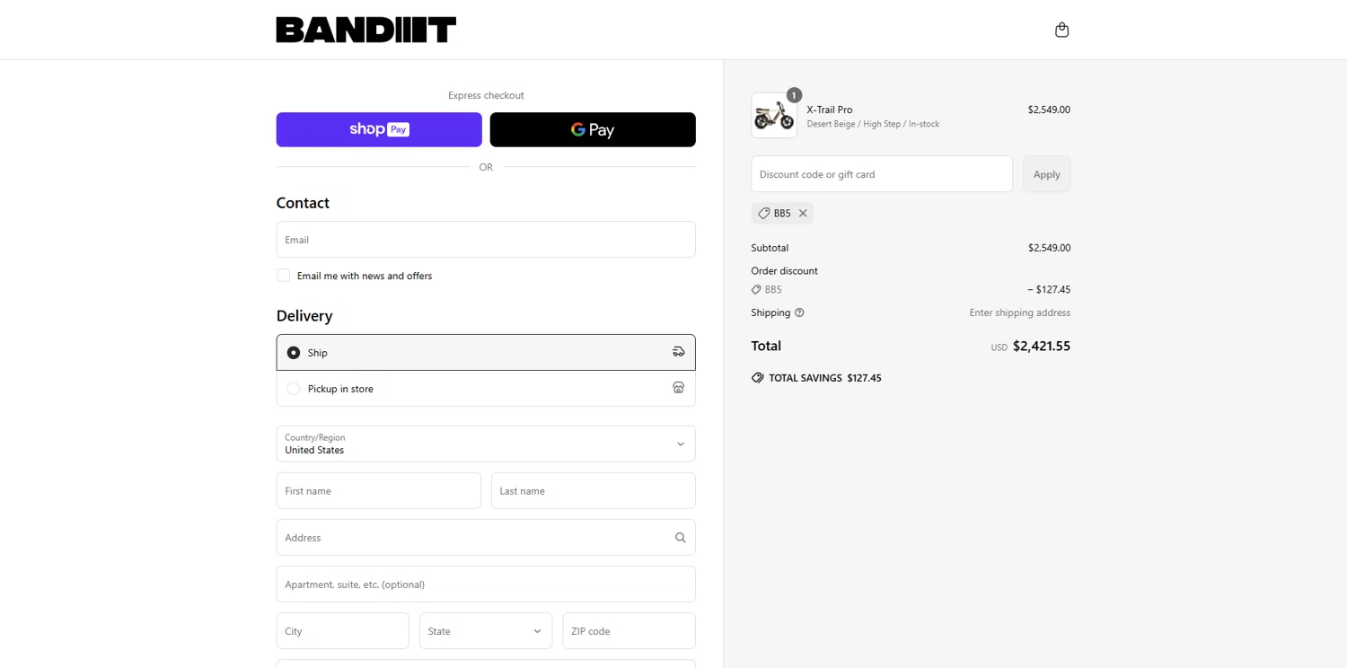 Bandit Bikes promo code screenshot showing code bb5 applied at Bandit Bikes checkout page. Uploaded by SimplyCodes community member Dorothy on Apr 25, 2025