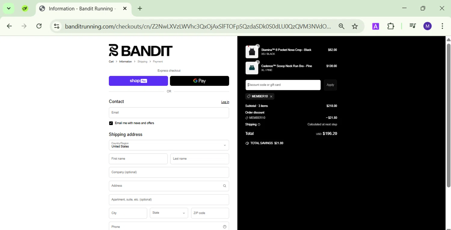 Bandit Running discount code screenshot showing code MEMBER10 applied at Bandit Running checkout page. Uploaded by SimplyCodes community member CodeVirtuoso1353 on Apr 1, 2025