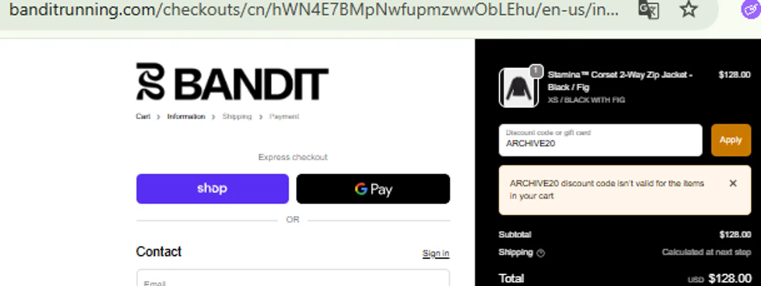 Bandit Running discount code screenshot showing code ARCHIVE20 applied at Bandit Running checkout page. Uploaded by SimplyCodes community member CashMaestro9337 on Oct 17, 2025