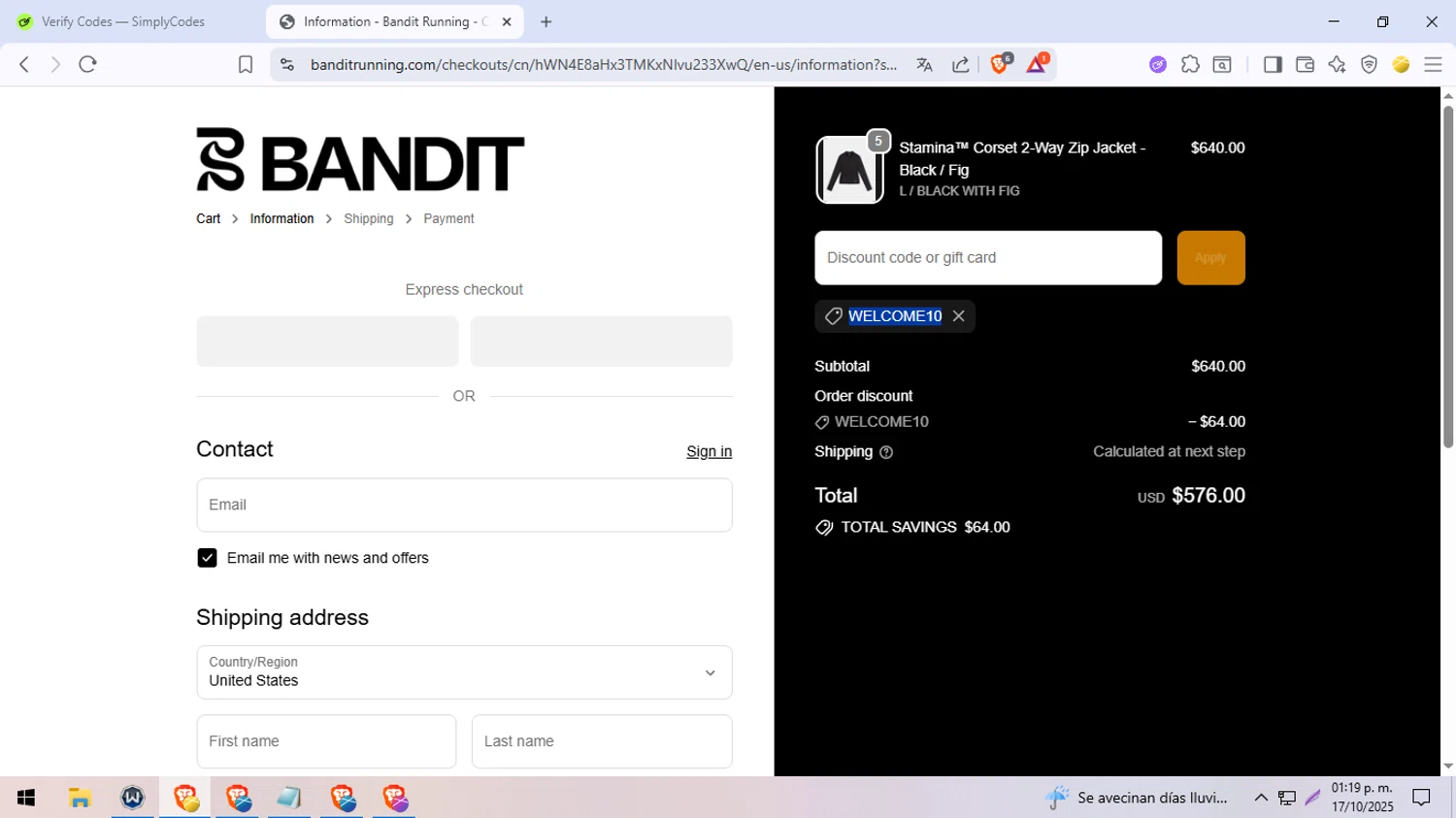 Bandit Running discount code screenshot showing code welcome10 applied at Bandit Running checkout page. Uploaded by SimplyCodes community member LegendaryFox4384 on Oct 17, 2025