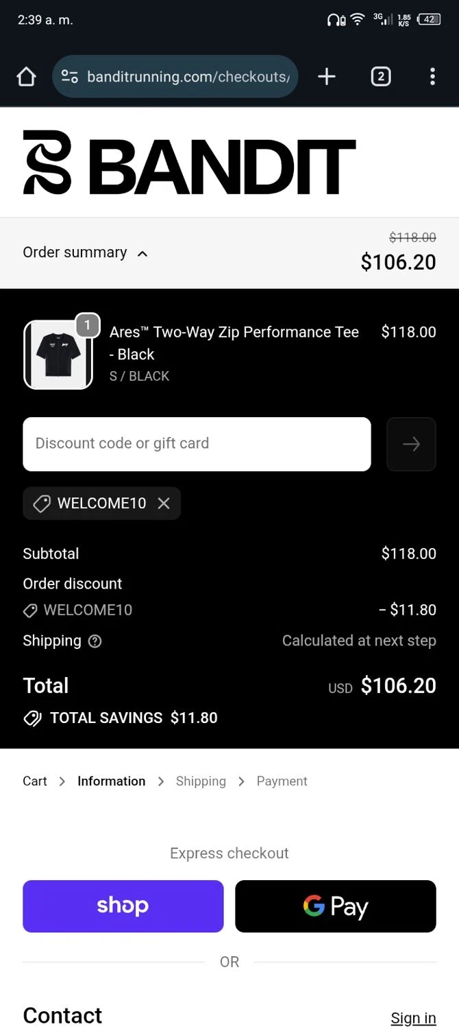 Bandit Running discount code screenshot showing code welcome10 applied at Bandit Running checkout page. Uploaded by SimplyCodes community member Sasuk3 on Oct 26, 2025