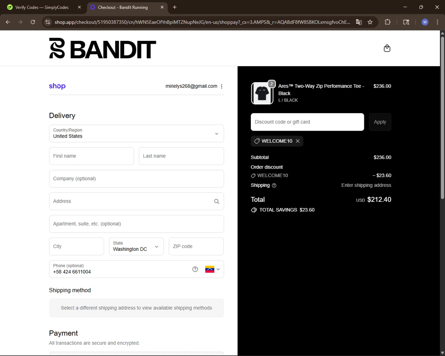 Bandit Running discount code screenshot showing code welcome10 applied at Bandit Running checkout page. Uploaded by SimplyCodes community member VoucherElite7352 on Nov 13, 2025
