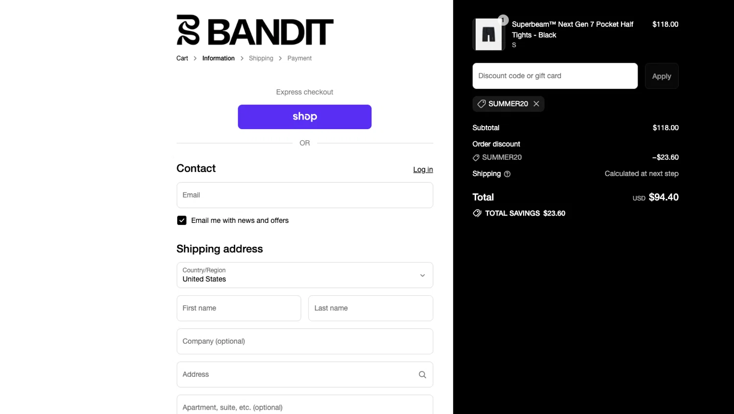 Bandit Running discount code screenshot showing code SUMMER20 applied at Bandit Running checkout page. Uploaded by SimplyCodes community member ELOIN777 on Aug 14, 2025