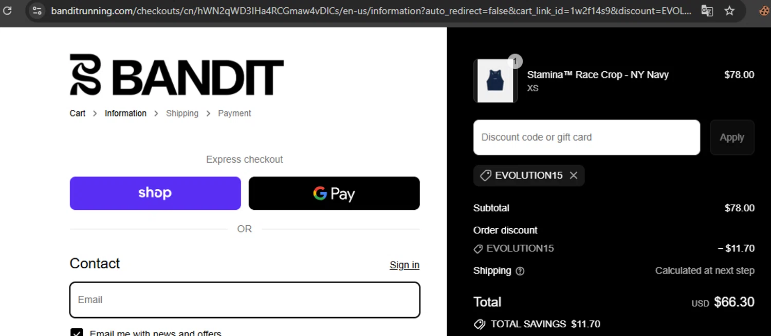 Bandit Running discount code screenshot showing code EVOLUTION15 applied at Bandit Running checkout page. Uploaded by SimplyCodes community member javierprez on Sep 11, 2025