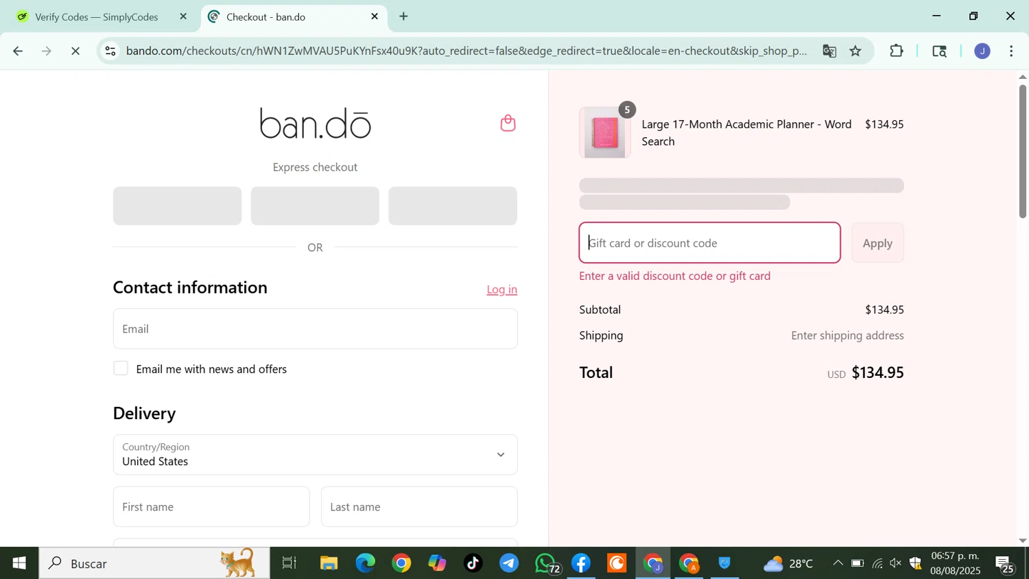 ban.do coupon code screenshot showing code CAKE applied at ban.do checkout page. Uploaded by SimplyCodes community member DiscountSleuth6807 on Aug 8, 2025