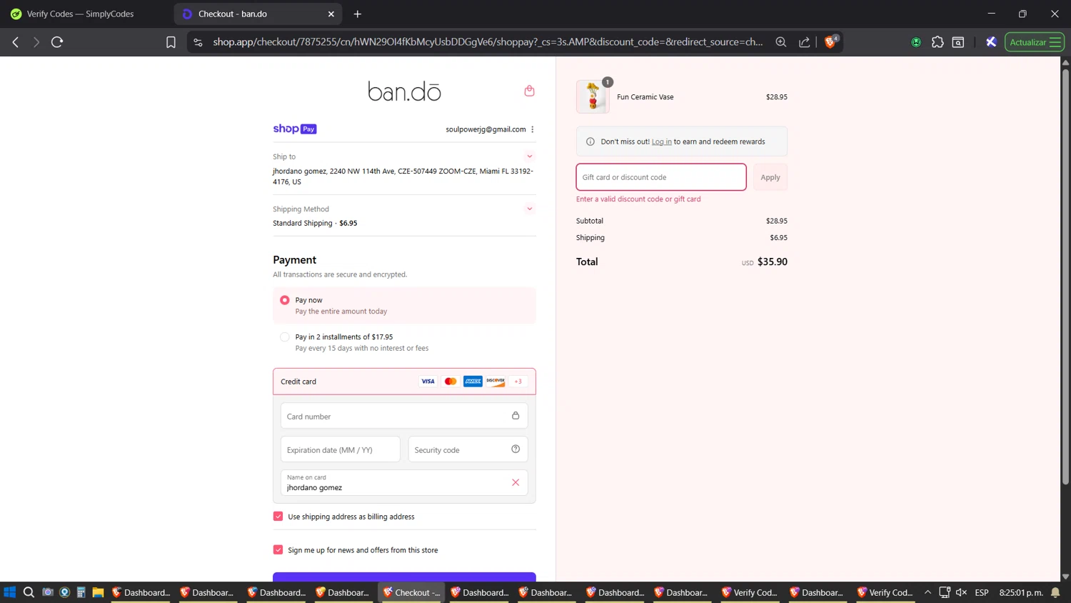 ban.do coupon code screenshot showing code SUNNY20 applied at ban.do checkout page. Uploaded by SimplyCodes community member SoulPower on Aug 24, 2025