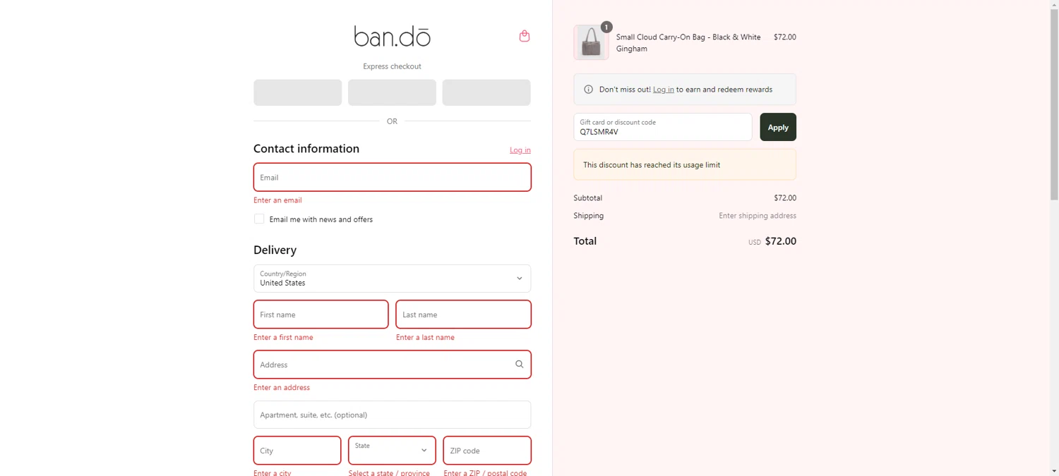 ban.do coupon code screenshot showing code Q7LSMR4V applied at ban.do checkout page. Uploaded by SimplyCodes community member TreasureKnight4134 on Jul 23, 2025