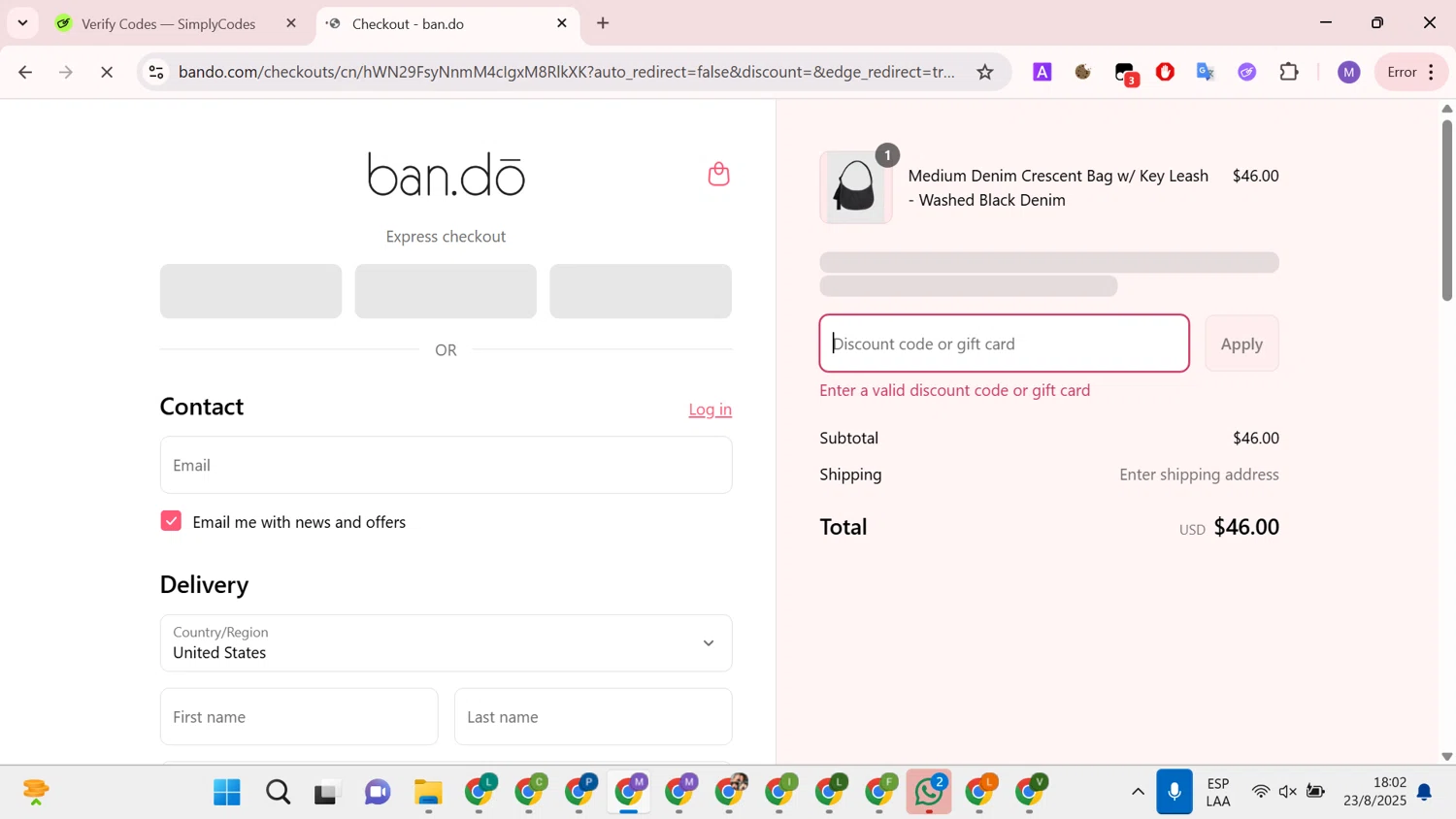 ban.do coupon code screenshot showing code ST7R9G49 applied at ban.do checkout page. Uploaded by SimplyCodes community member CouponCollector598 on Aug 23, 2025