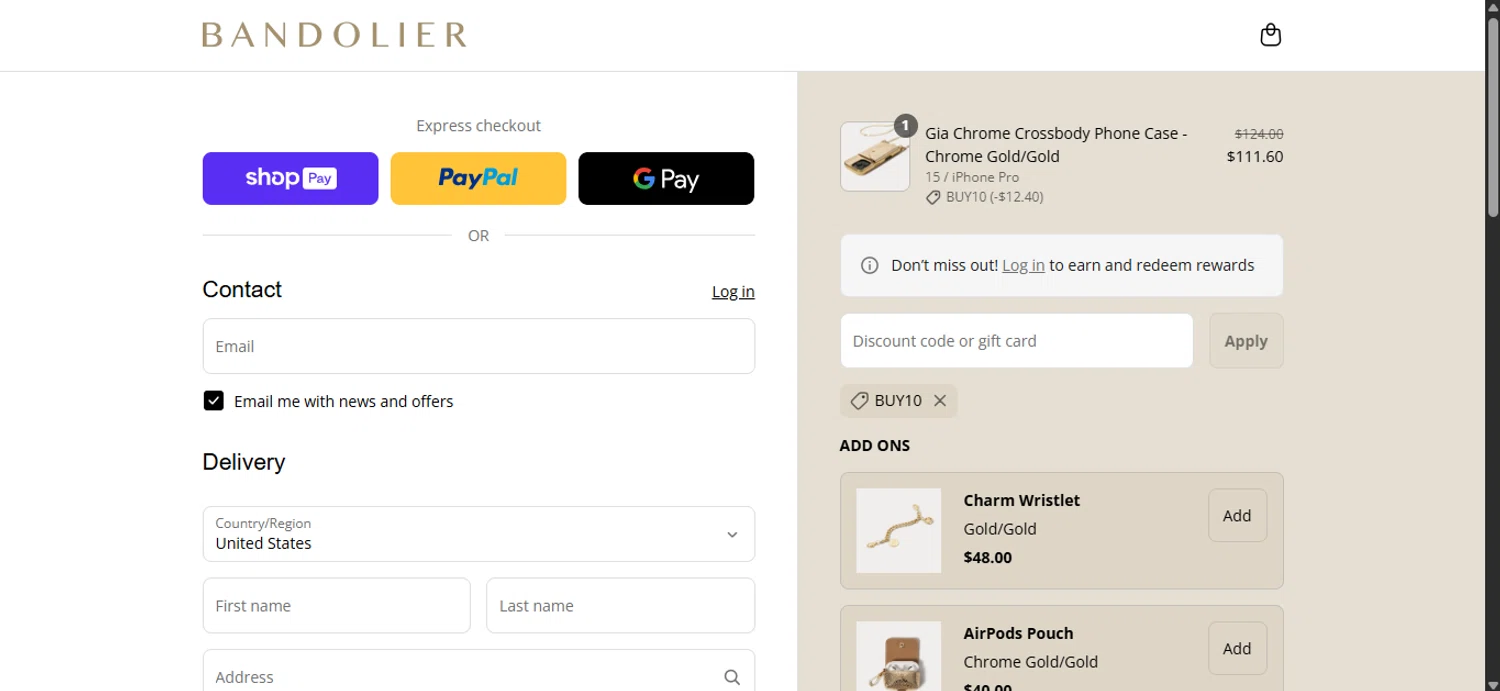 Bandolier coupon code screenshot showing code BUY10 applied at Bandolier checkout page. Uploaded by SimplyCodes community member _____________________________ on Aug 19, 2025