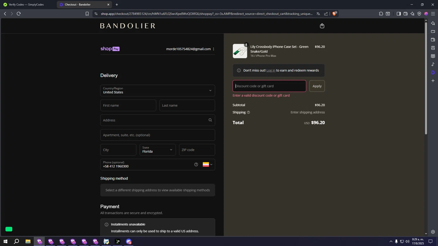 Bandolier coupon code screenshot showing code BUY10 applied at Bandolier checkout page. Uploaded by SimplyCodes community member SpeeDFast on Aug 17, 2025