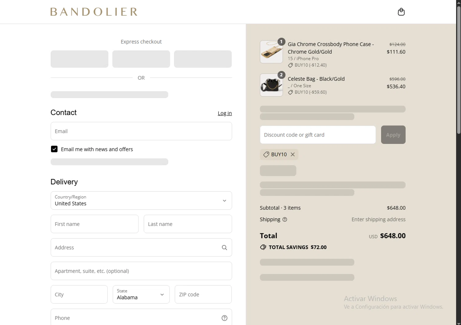 Bandolier coupon code screenshot showing code BUY10 applied at Bandolier checkout page. Uploaded by SimplyCodes community member TreasureHero9595 on Aug 28, 2025