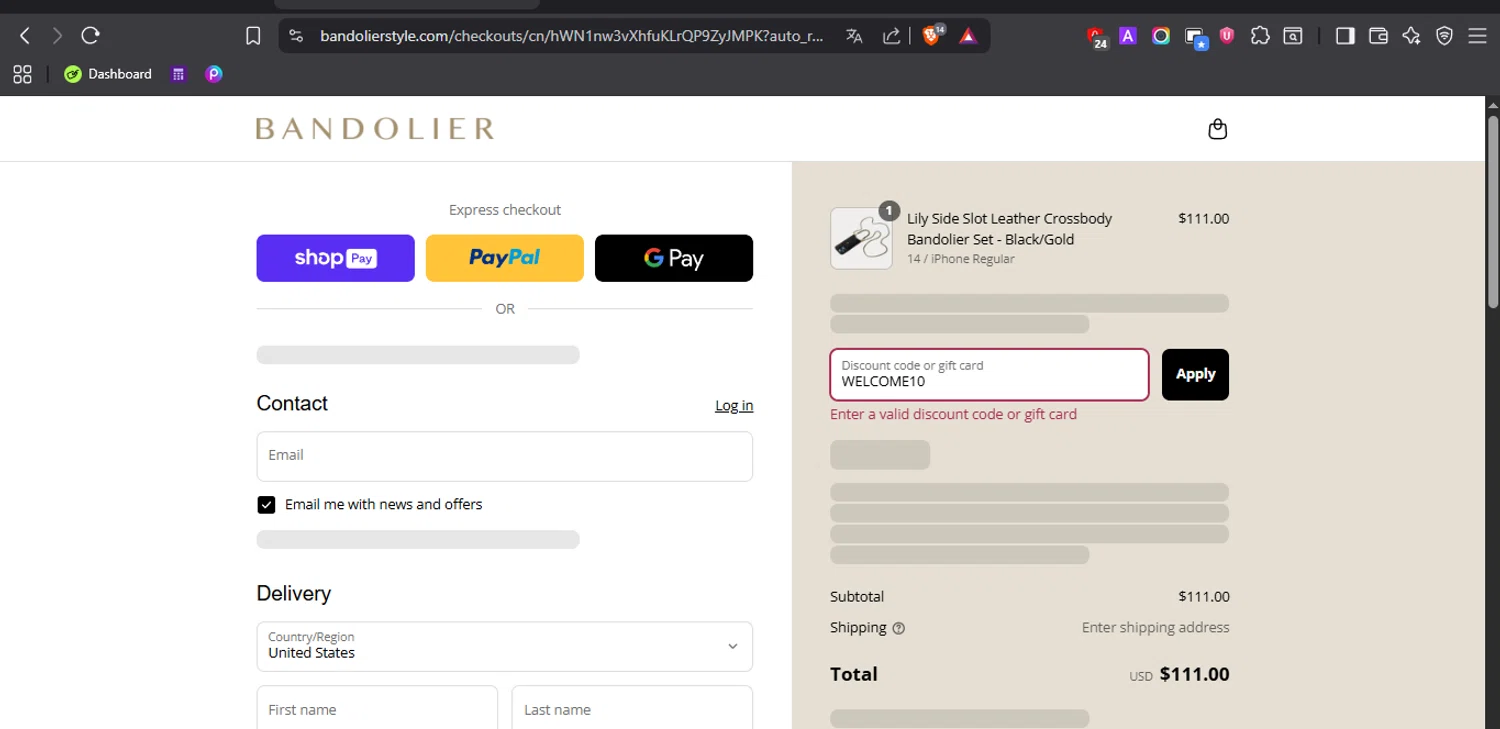 Bandolier coupon code screenshot showing code WELCOME10 applied at Bandolier checkout page. Uploaded by SimplyCodes community member EJL_MIQUILENA on Aug 14, 2025
