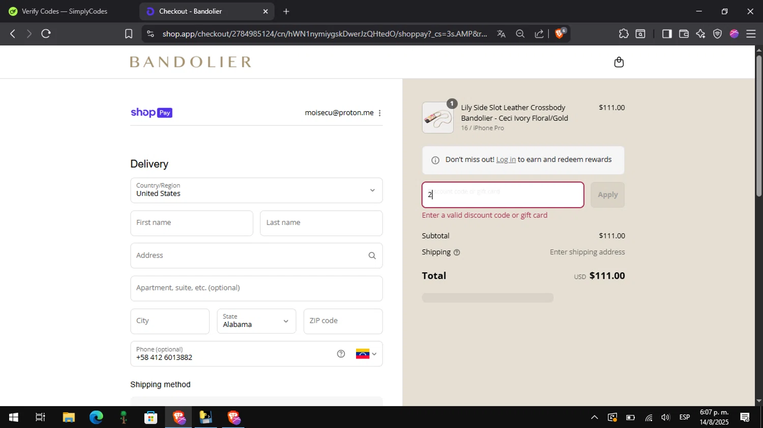 Bandolier coupon code screenshot showing code WELCOME10 applied at Bandolier checkout page. Uploaded by SimplyCodes community member Pitochu on Aug 14, 2025