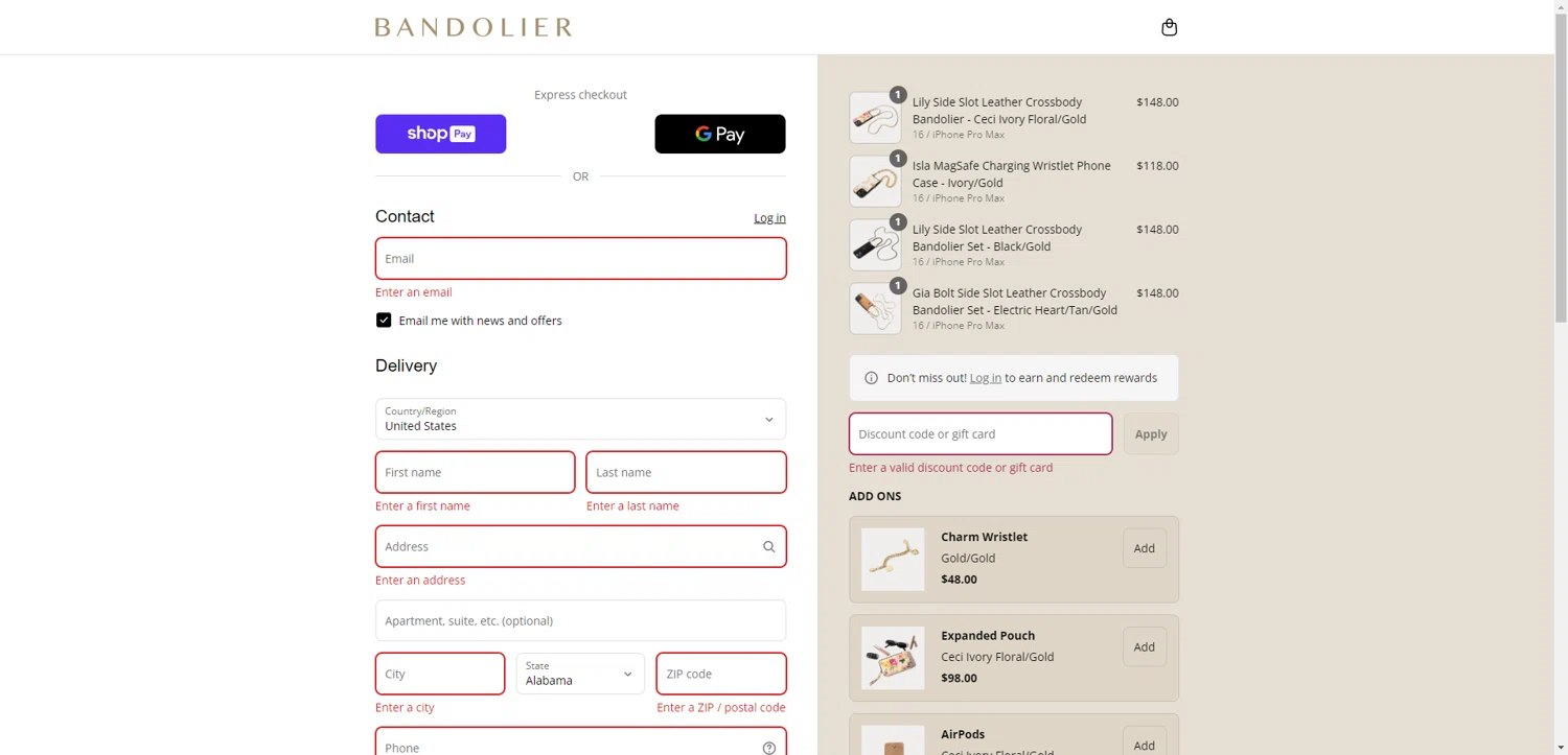 Bandolier coupon code screenshot showing code BAGS10 applied at Bandolier checkout page. Uploaded by SimplyCodes community member PennyRanger8219 on Aug 19, 2025