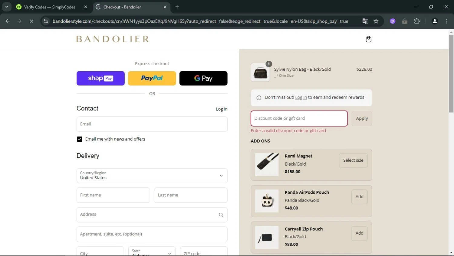 Bandolier coupon code screenshot showing code BAGS10 applied at Bandolier checkout page. Uploaded by SimplyCodes community member RoyalOwl5790 on Aug 19, 2025